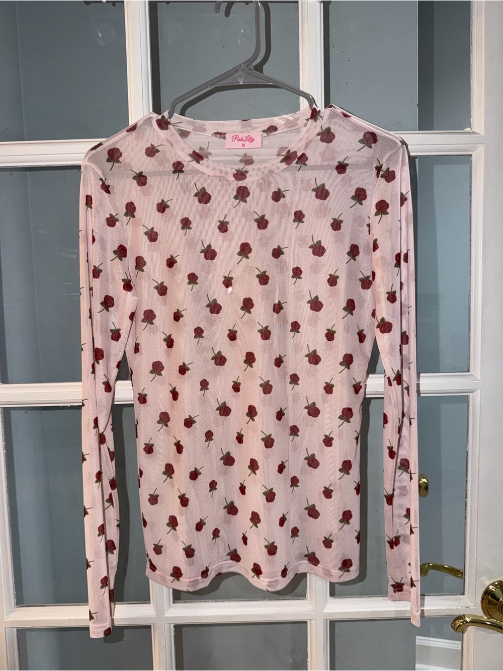 Pink Lily Mesh Top Size Medium NEW Long Sleeve Crew Neck Roses Romantic Festival